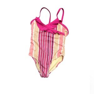Girls Pink Chicken 2T Pink Tan Striped One Piece Swimsuit